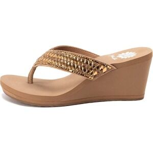 Yellow Box Womens Tan Gold Crystal Embellished Wedge Flip Flop Sandals